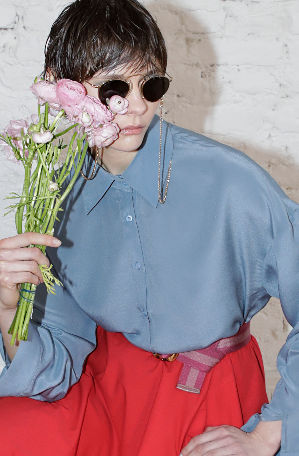 VELORIA SILKY Sky Blue Scarf Neck Blouse