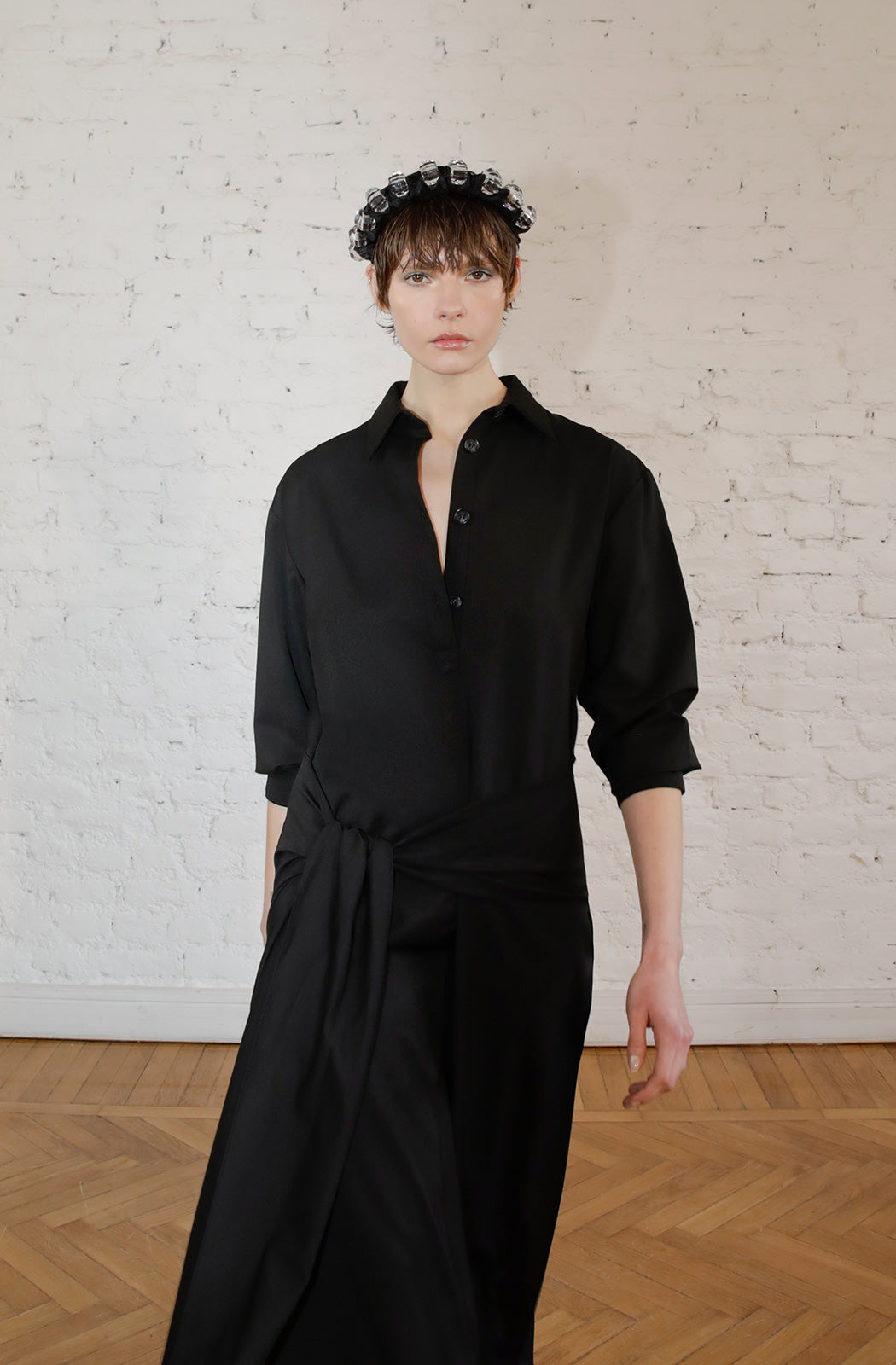 VELORIA - Black Deep Slit Shirt Dress