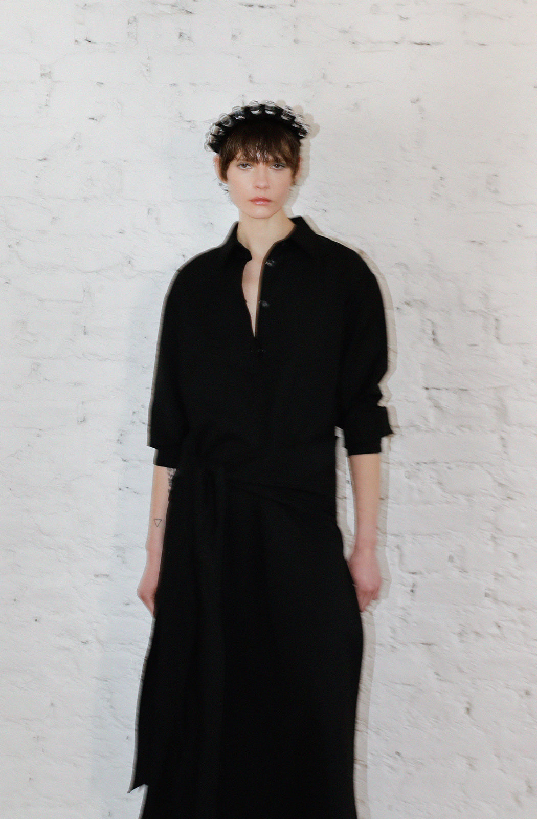 VELORIA - Black Deep Slit Shirt Dress